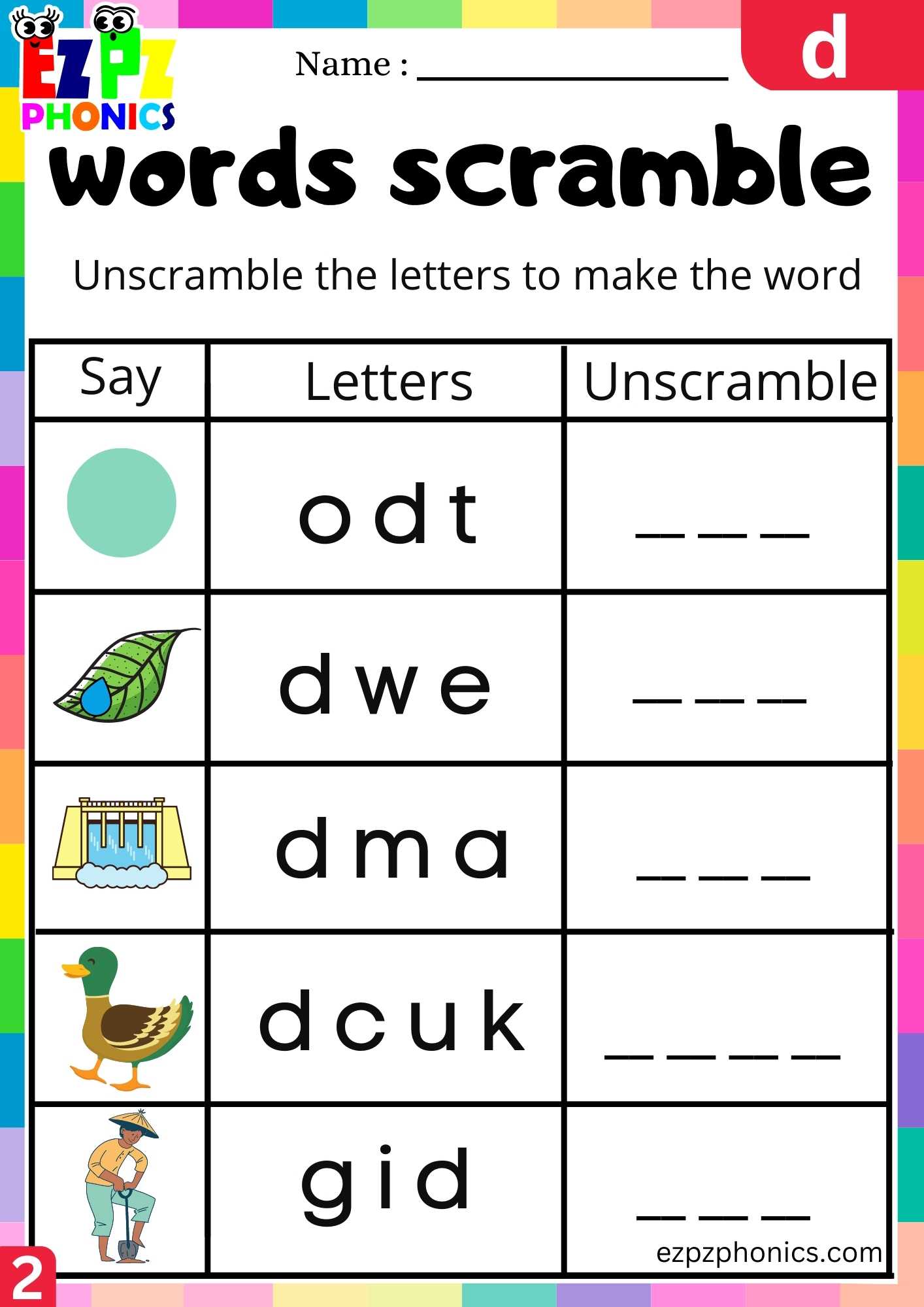 Group2 Letter D Words Scramble Beginning Sounds Worksheet